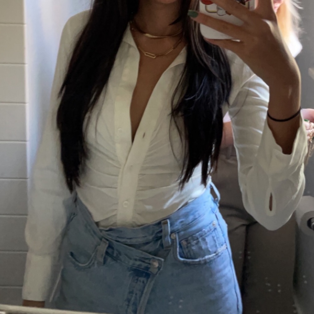 ZARA White long sleeve cinched top